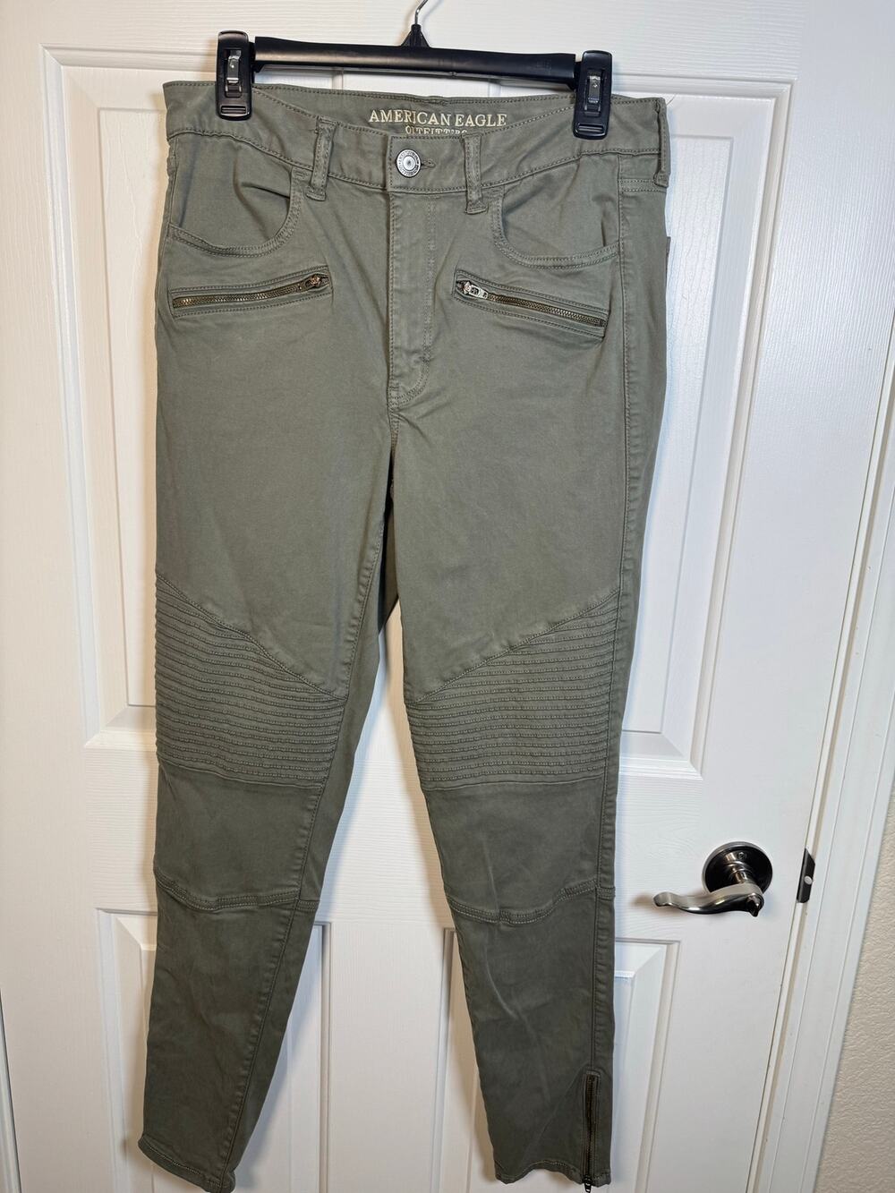 American Eagle High Rise Super Stretch Moto Jeggings Olive Green 12 Extra Long